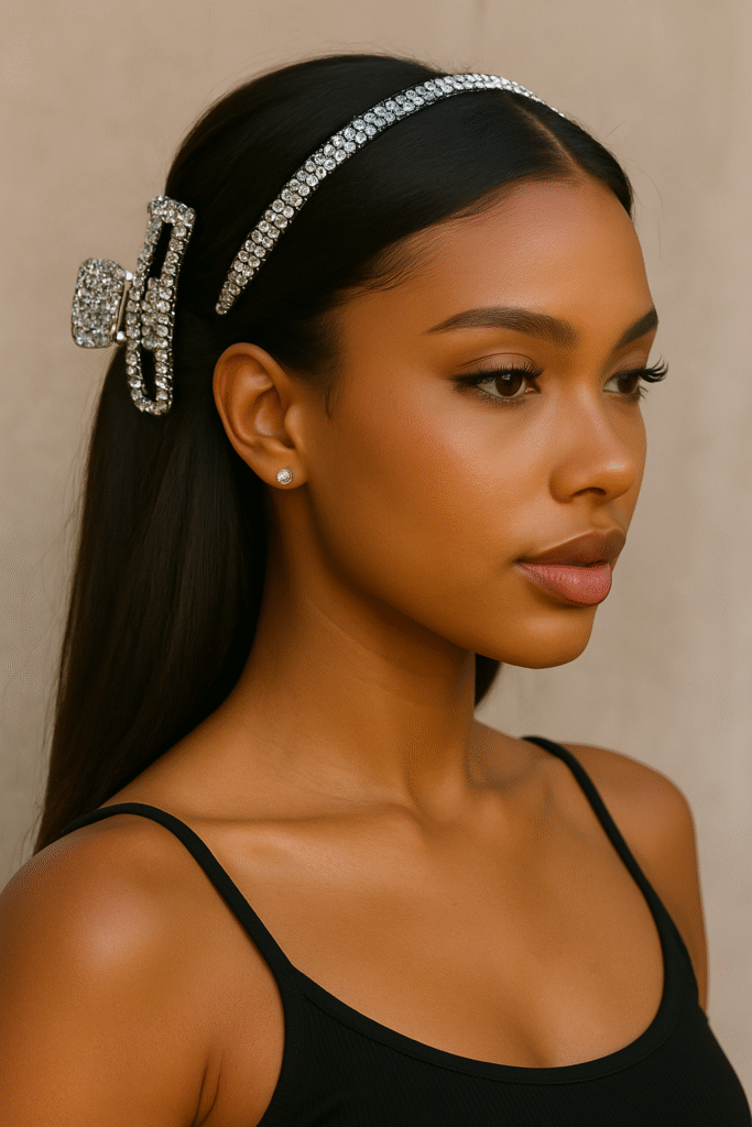 Woman wearing rhinestone hair accessories including a claw clip and headband, styled for Rhinestone Y2K Fashion in 2025