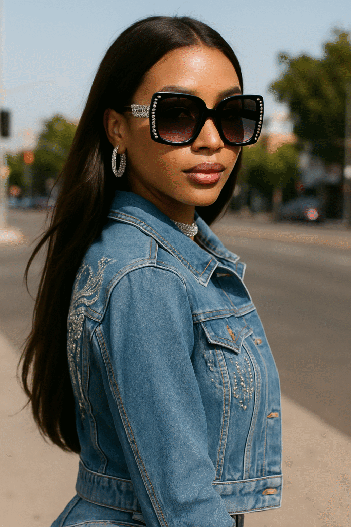 Woman wearing oversized statement sunglasses with rhinestone accents styled in Rhinestone Y2K Fashion for 2025