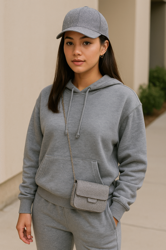 Woman in grey athleisure set with rhinestone baseball cap and sparkly crossbody bag, embracing Rhinestone Y2K Fashion for a casual 2025 weekend look.