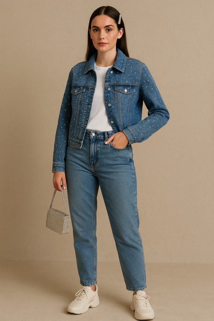 Young woman wearing a rhinestone denim jacket, white tee, high-waisted mom jeans, and chunky sneakers with a sparkly bag—showcasing a casual Y2K Fashion comeback.