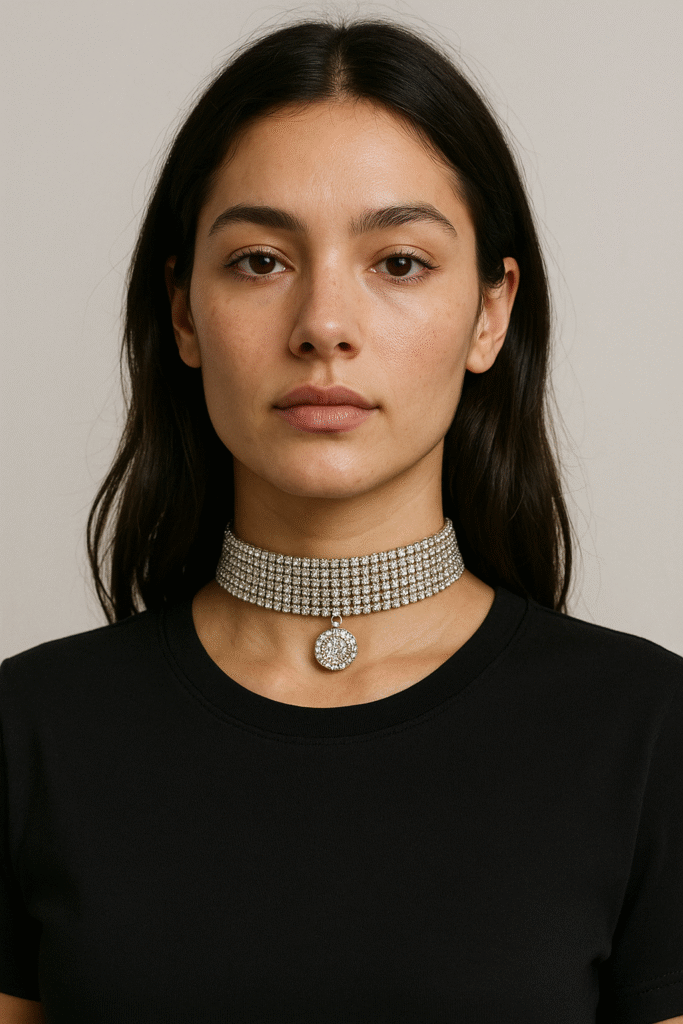 Close-up of a woman wearing a wide rhinestone choker with pendant, capturing the essence of 2025's Rhinestone Y2K Fashion trend.