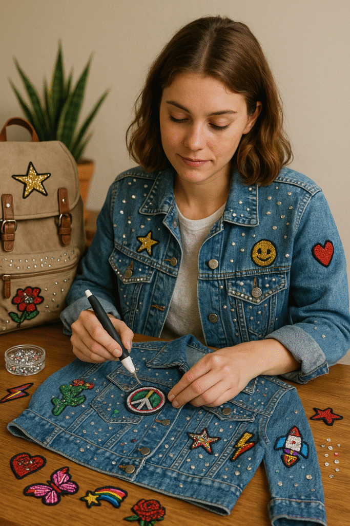 Young woman customizing a denim jacket with rhinestones and colourful patches as part of a DIY Y2K fashion trend