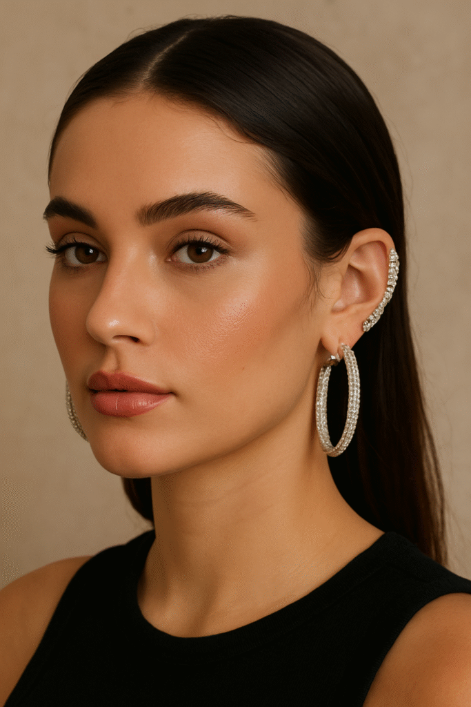 Close-up of a woman wearing sparkling rhinestone ear cuffs and hoops, highlighting 2025’s bold Rhinestone Y2K Fashion trend.