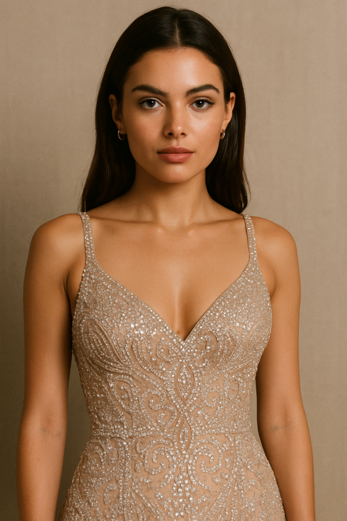 Portrait of a young woman wearing a rhinestone-embellished nude evening gown with intricate beading, representing 2025’s glamorous take on Rhinestone Y2K Fashion.
