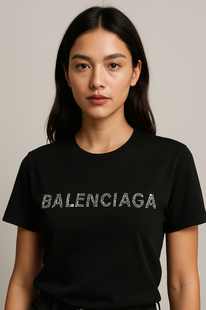 Young woman wearing a black rhinestone logo tee, showcasing 2025’s glam comeback in Rhinestone Y2K Fashion.