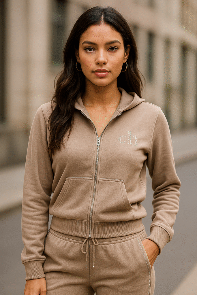 Young woman wearing a beige modern tracksuit with rhinestone piping and a subtle logo, representing the sleek 2025 update of Rhinestone Y2K Fashion.