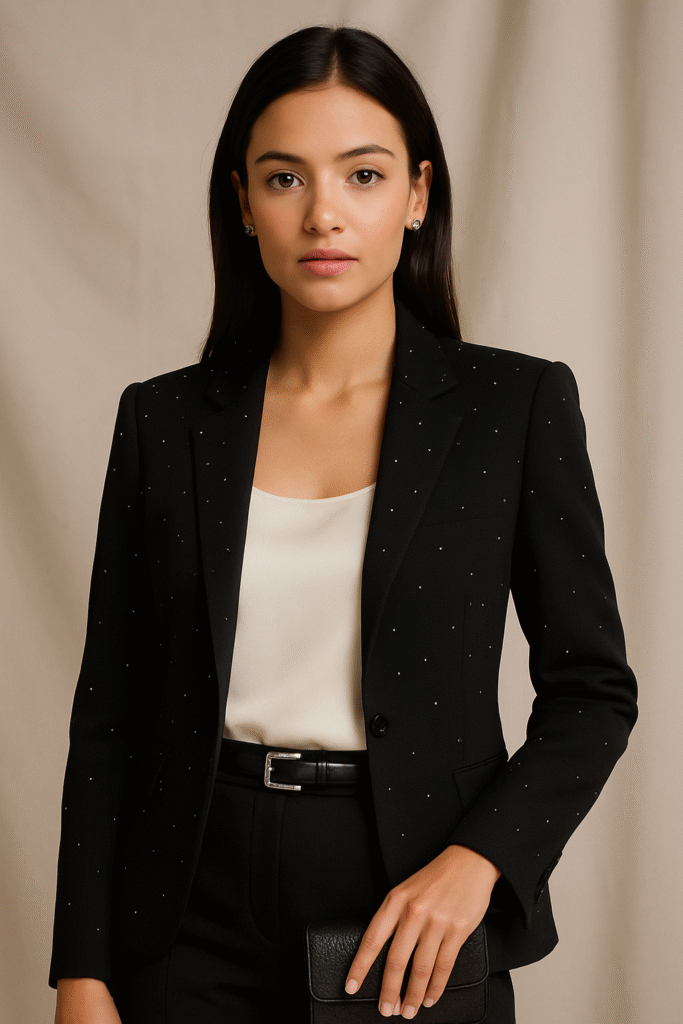 A professional woman in a rhinestone-accented black blazer, silk shell, and minimalist belt demonstrates the sophisticated side of Rhinestone Y2K Fashion for 2025 office style.