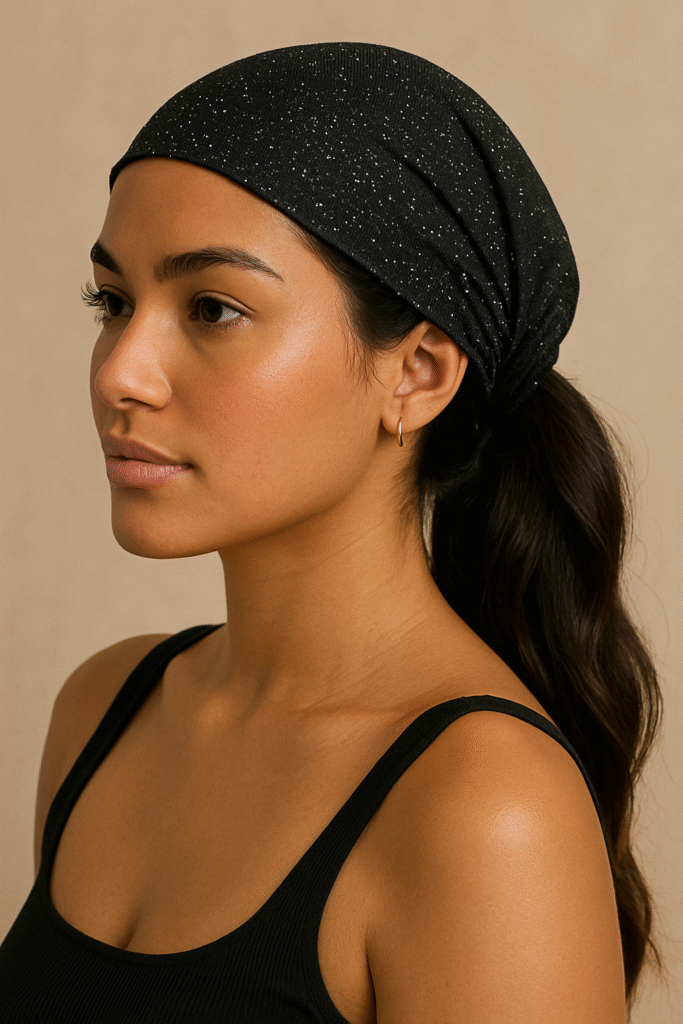 Young woman wearing a glittering black hair wrap styled as a bandana, embracing the Rhinestone Y2K Fashion trend