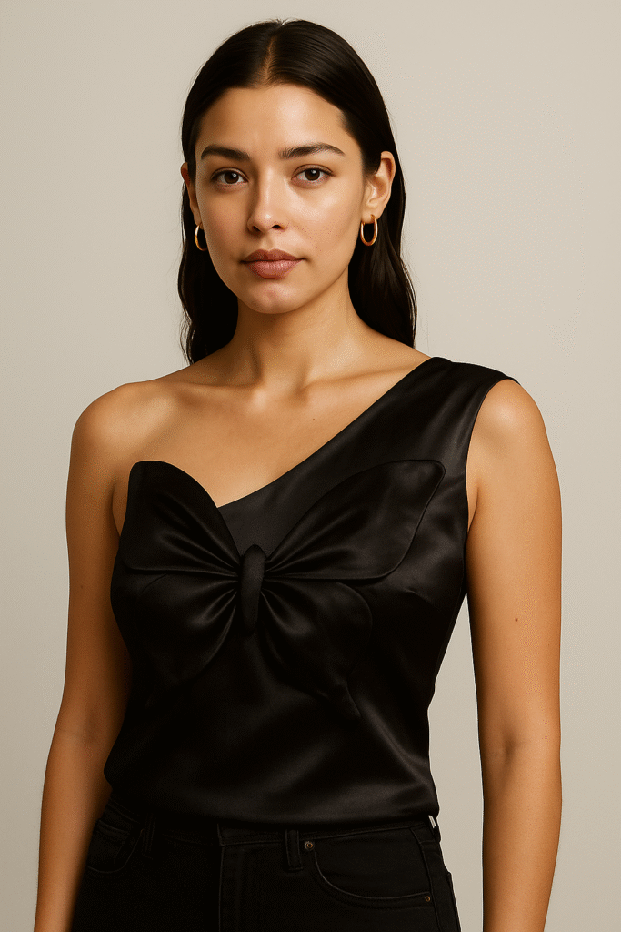 “Woman wearing a satin slip-style butterfly top paired with dark denim, highlighting Y2K essentials in fashion for 2025”