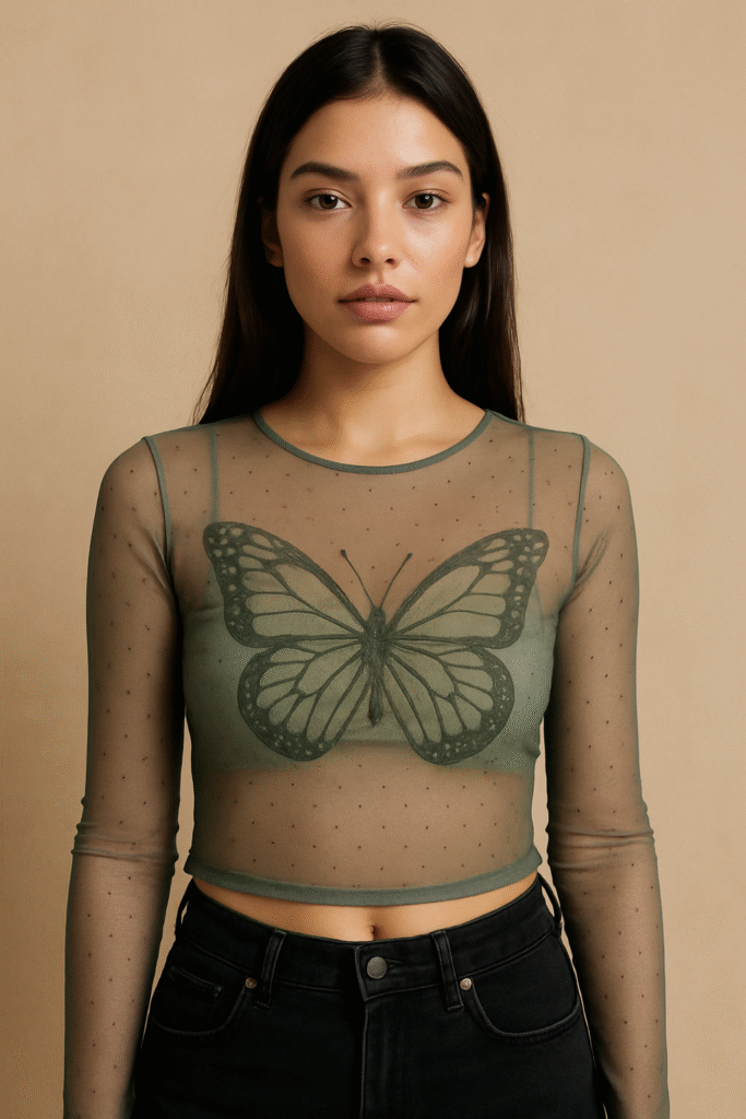 Model wearing a sheer mesh butterfly top paired with high-waisted denim, showcasing 2025 Y2K essentials fashion.