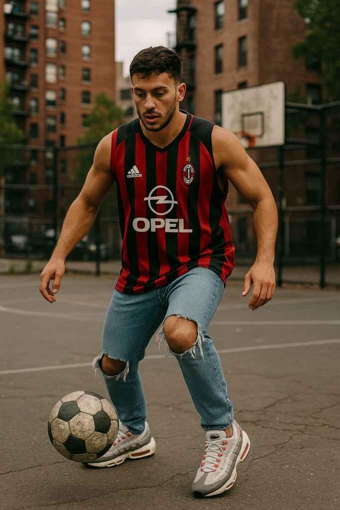 Man in a vintage 2005 AC Milan sleeveless jersey, ripped knee jeans, and Nike Air Max 95 sneakers showcasing Y2K football fashion in a blokecore street setting.