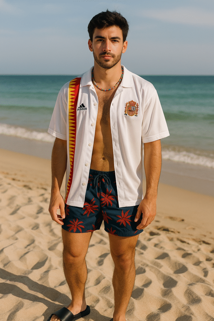 "Man in unbuttoned Spain ’94 jersey, swim trunks, and slides showcasing Y2K football fashion on the beach"