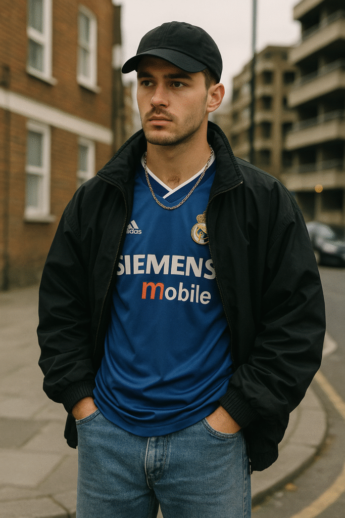 A young man wearing a vintage Real Madrid jersey and streetwear jacket, showcasing 2025 Y2K football fashion with a blokecore aesthetic on an urban street.