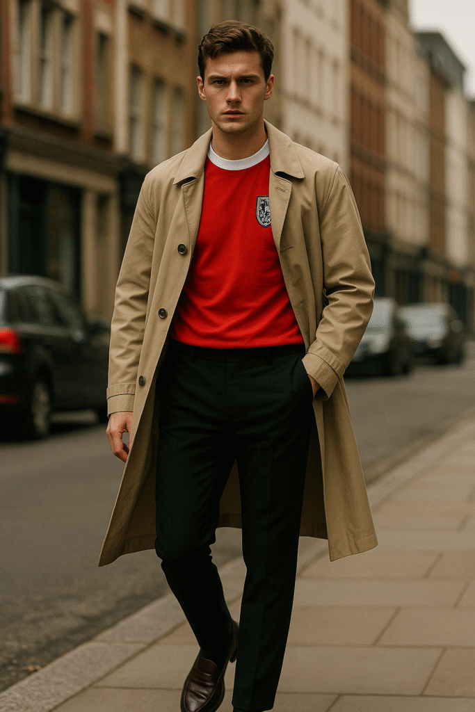 A stylish young man walking confidently in an England ’66 retro football shirt, beige trench coat, tailored black trousers, and loafers, embodying 2025 Y2K football fashion with blokecore elegance.