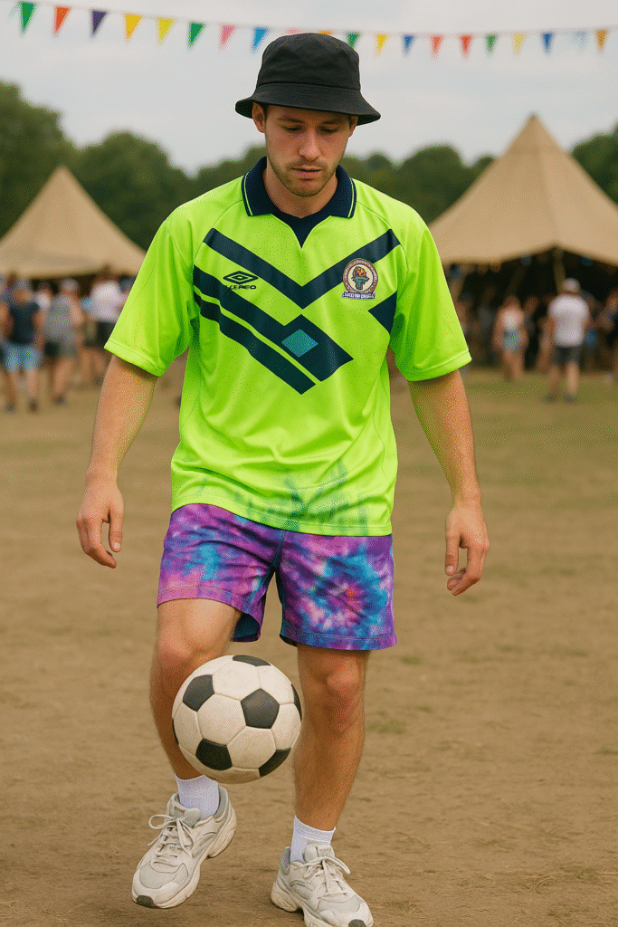 Young man at a music festival juggling a football in a neon 2000s goalkeeper jersey, tie-dye shorts, chunky dad sneakers, and a black bucket hat—perfect embodiment of Y2K football fashion and blokecore style.