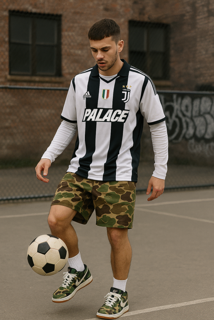 Young man wearing a Palace x Juventus collab jersey, Bape camo shorts, and limited-edition Nike Dunks while playing football on an urban court—showcasing hypebeast-inspired Y2K football fashion and blokecore style.