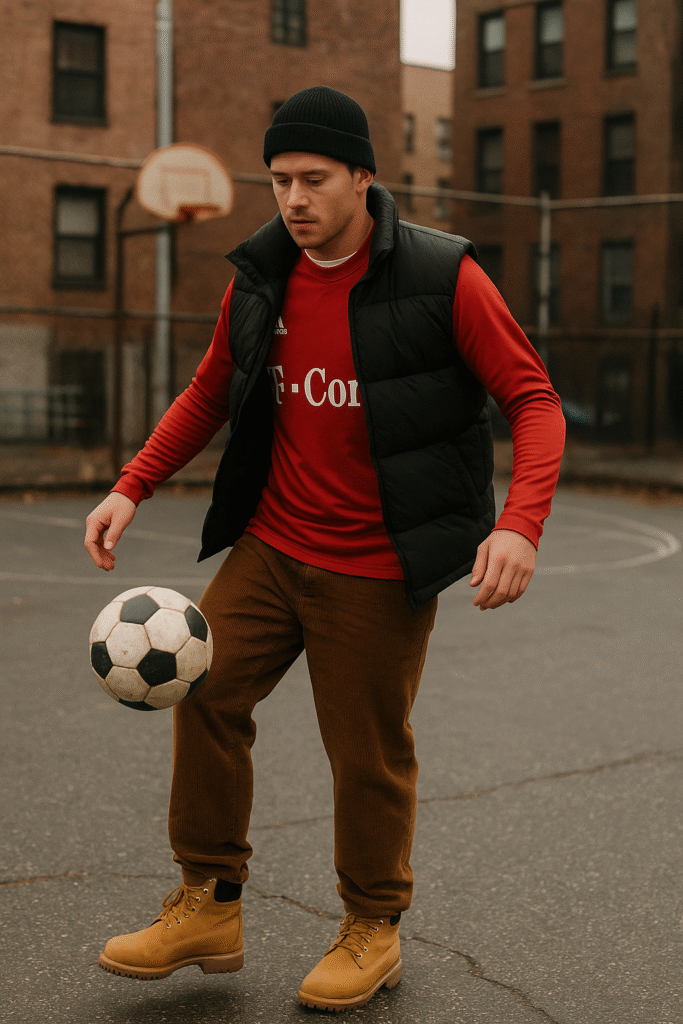 Man wearing a long-sleeve Bayern Munich thermal shirt, black puffer vest, brown corduroy pants, and Timberland boots while juggling a football on a winter street court—capturing 2025 Y2K football fashion and blokecore streetwear.