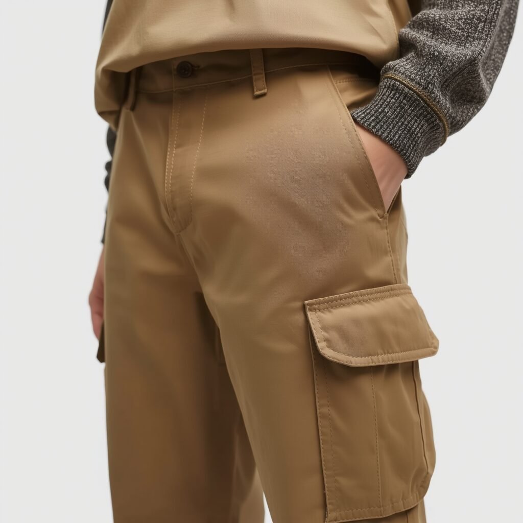 "Khaki utility trousers with slim fit and structured side pocket, inspired by early 2000s revival"
