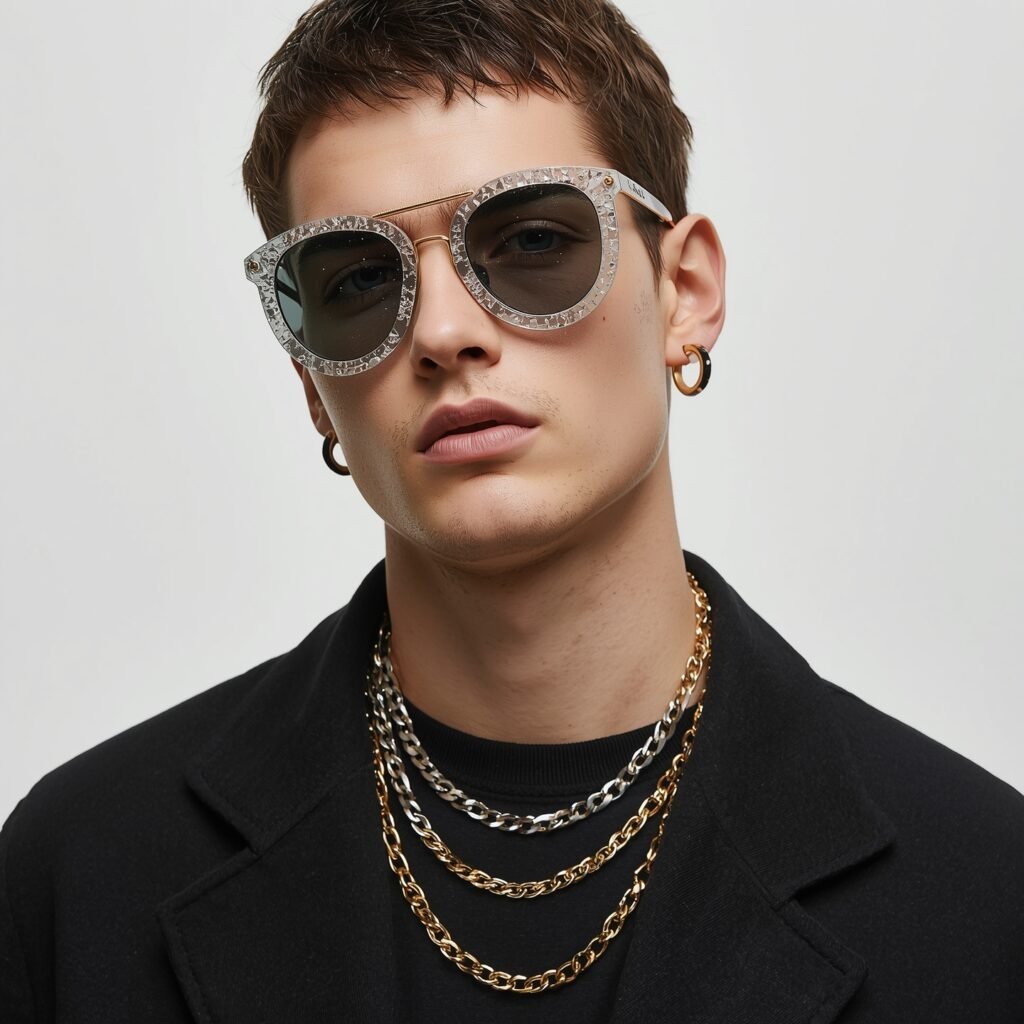 "Man wearing oversized patterned sunglasses, layered gold and silver chains, and hoop earrings with a modern retro edge"