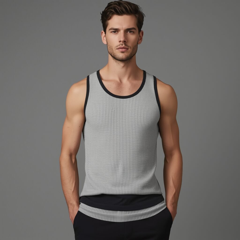 "Male model wearing a ribbed grey tank top with black trim styled in a sleek layered look, part of the Y2K men’s style revival for 2025"