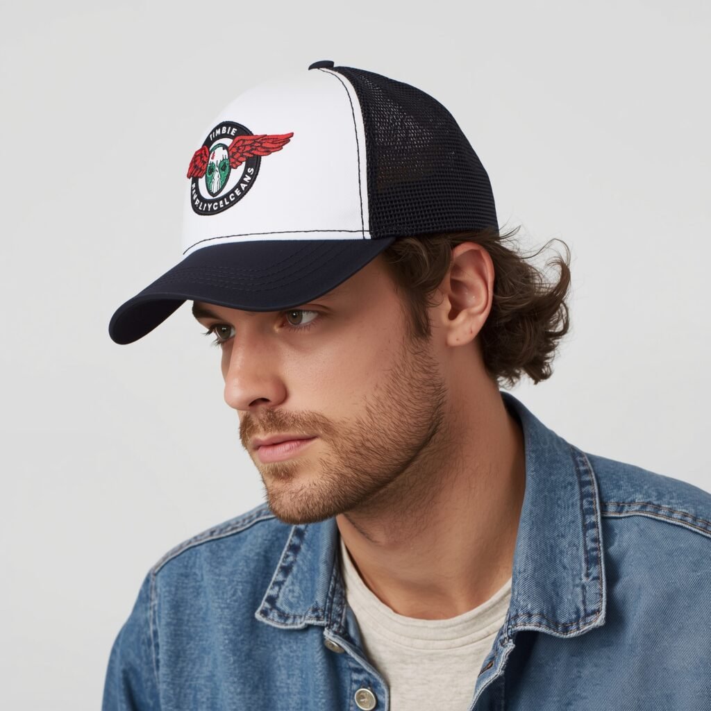 Contemporary Y2K-inspired menswear 2025 look with a denim layer and a reimagined trucker cap featuring embroidered details.