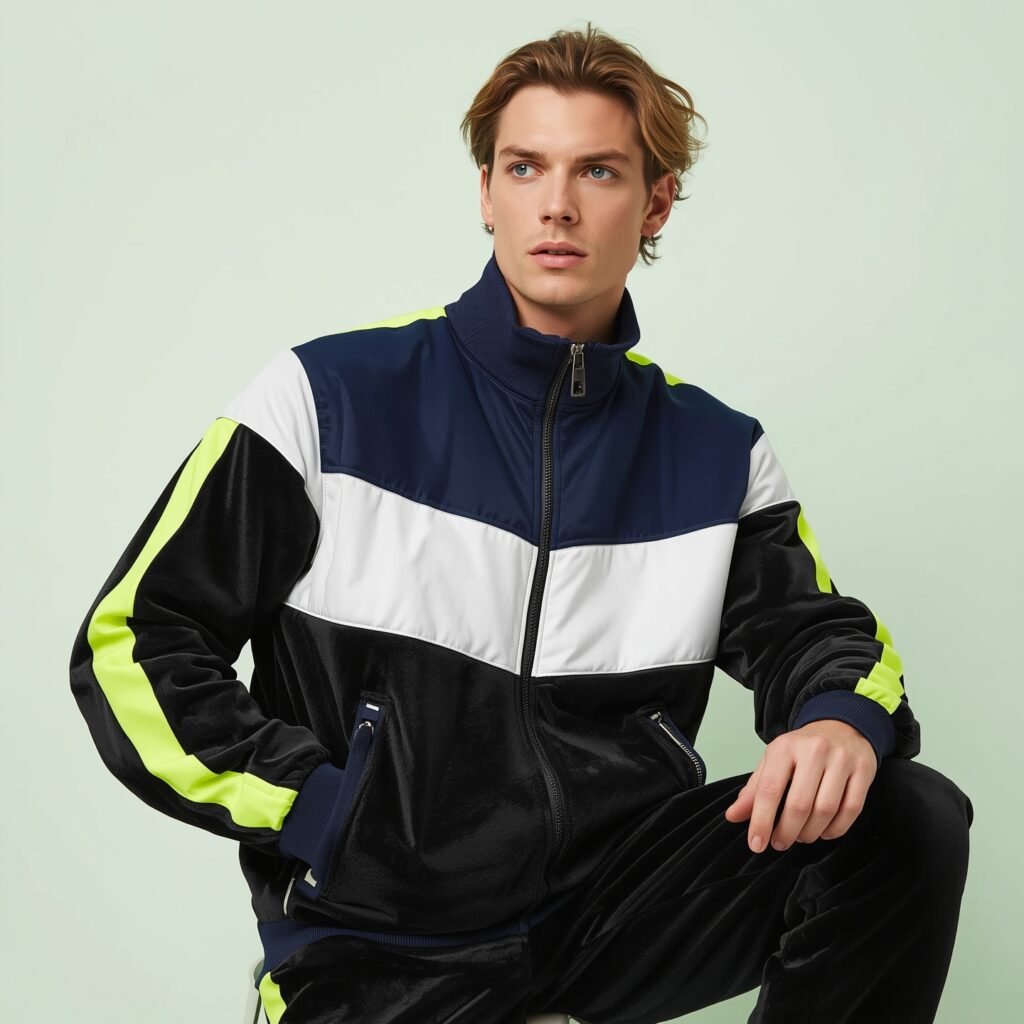 Retro-inspired athletic menswear 2025 look featuring a navy, white, and neon-accent color-block track jacket with matching pants.