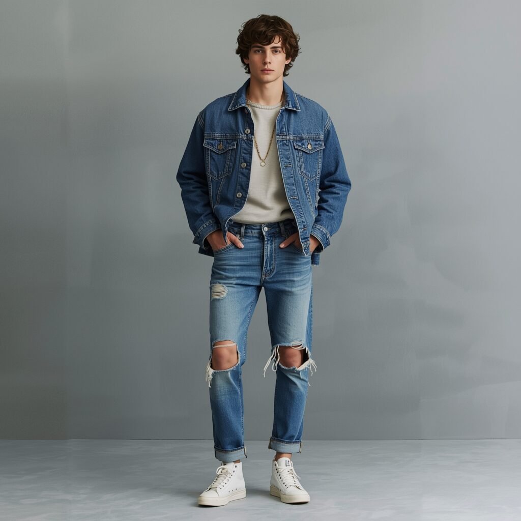 Contemporary 2025 menswear look with a vintage wash denim jacket, light knit top, and artfully ripped jeans paired with white sneakers.