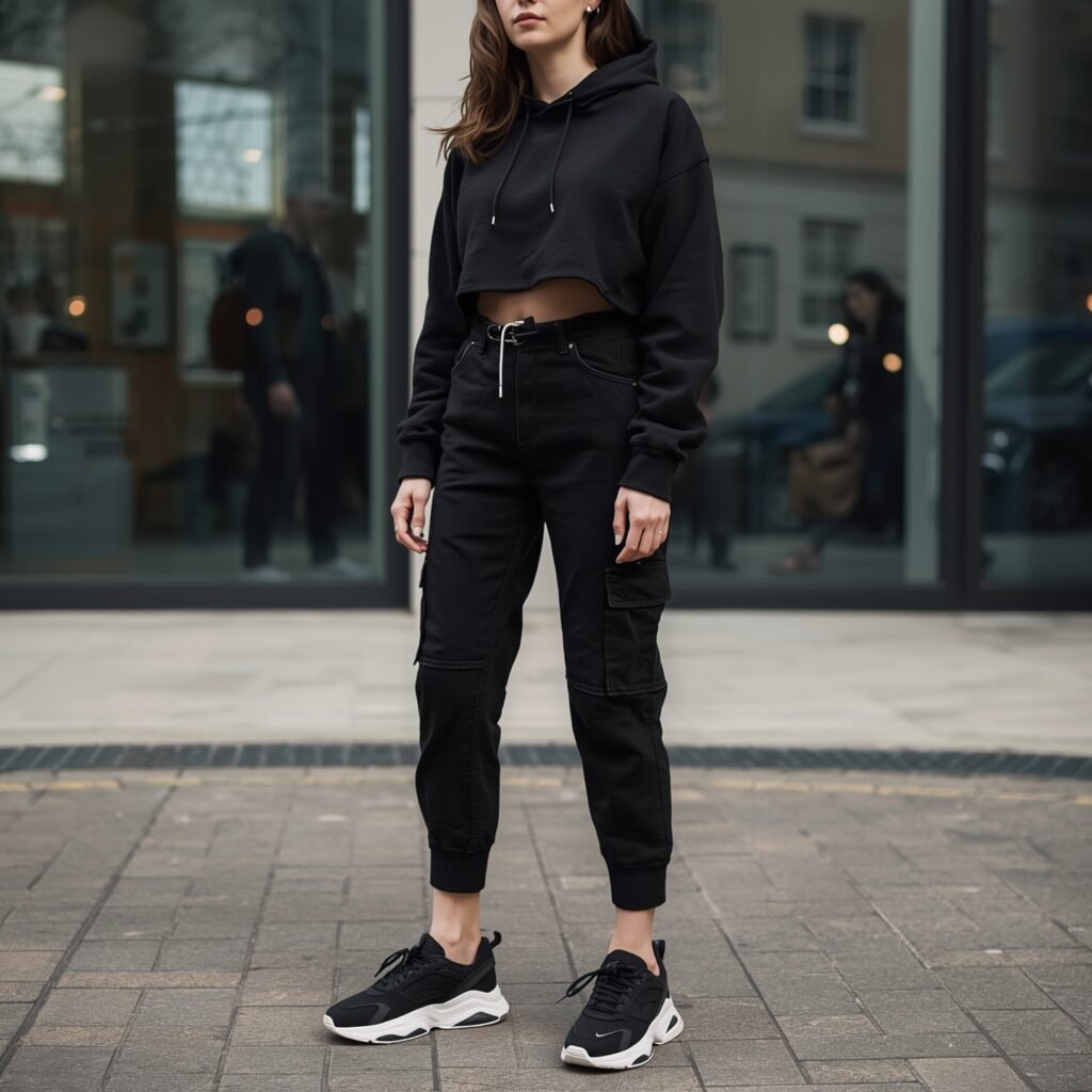 Streetwear look with black cargo pants, cropped hoodie in premium fabric, and chunky sneakers – sporty 2025 retro-inspired outfit