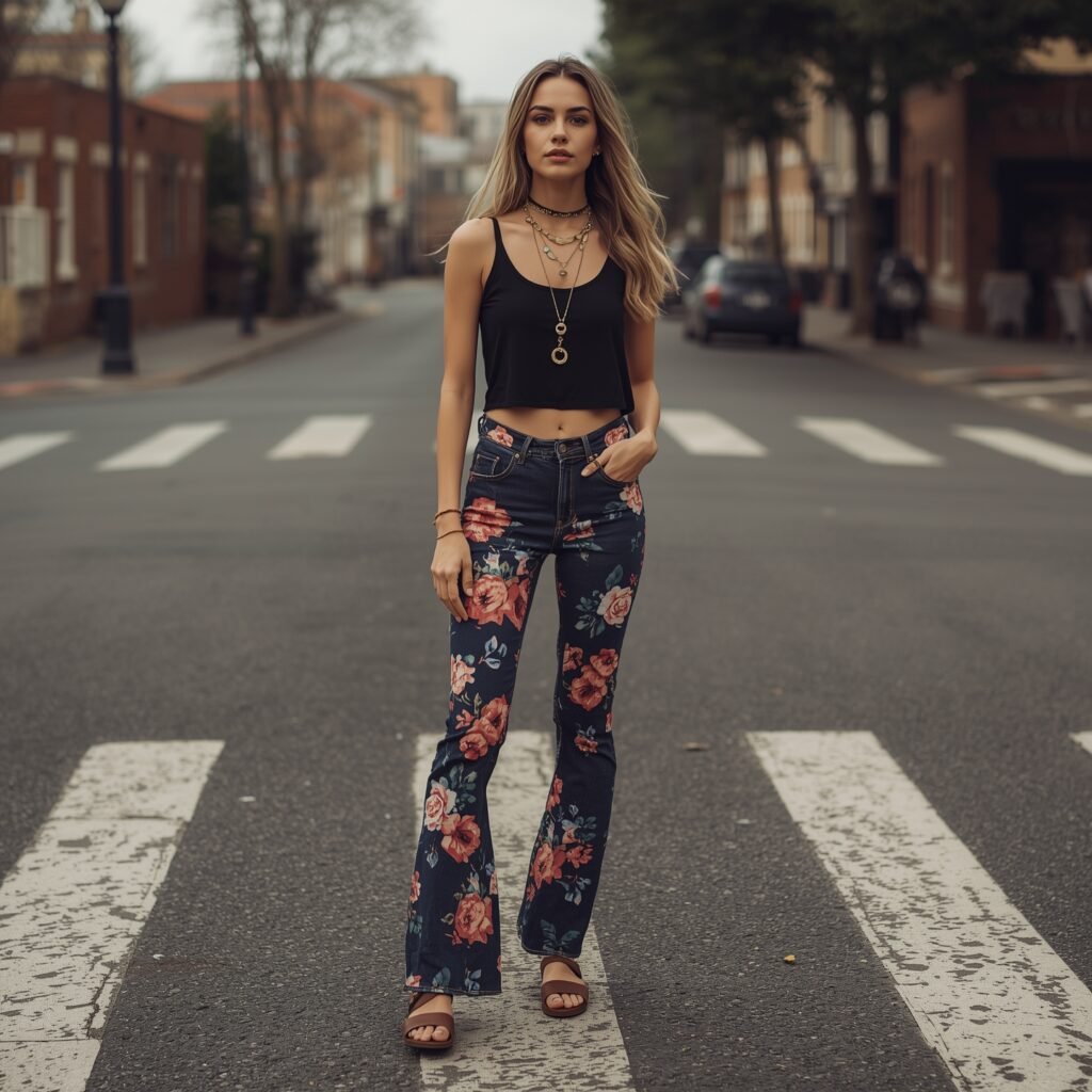 Woman standing on a crosswalk wearing floral print flared jeans, a cropped black tank top, layered gold necklaces, and brown sandals, styled in a modern bohemian streetwear look.