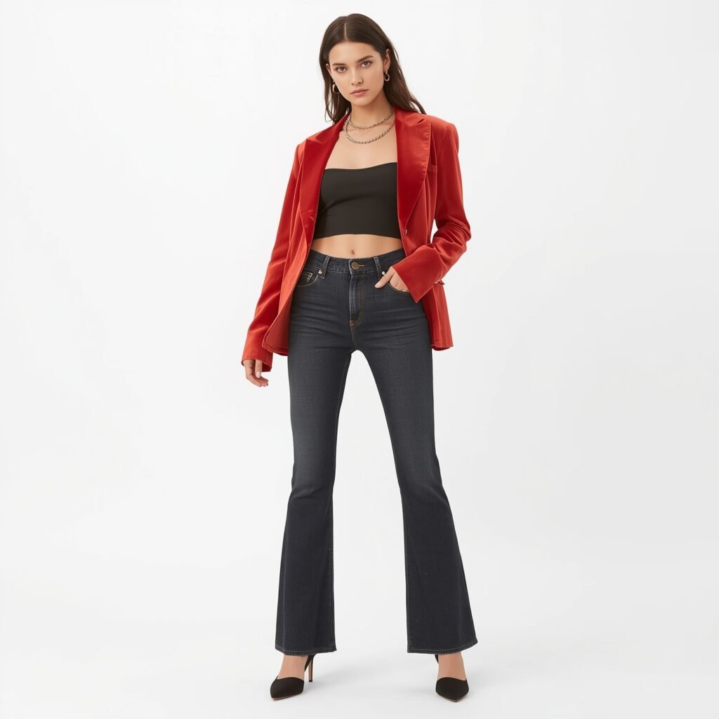Bootcut dark denim paired with a bold red cropped blazer in velvet, layered over a black bandeau, finished with pointed heels for a retro-chic statement