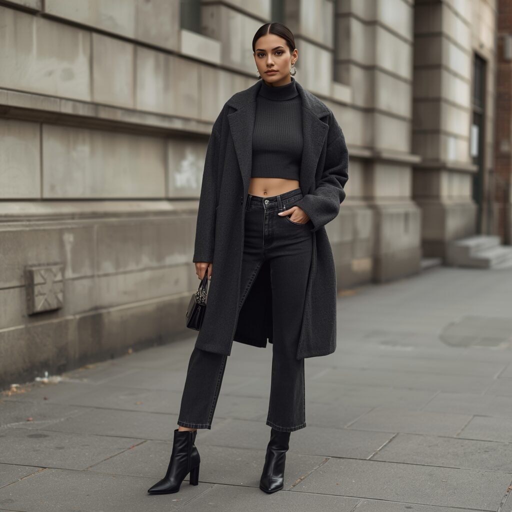 Woman wearing charcoal-grey straight-leg jeans with a matching cropped knit top and oversized wool coat, styled with black ankle boots on a city street.