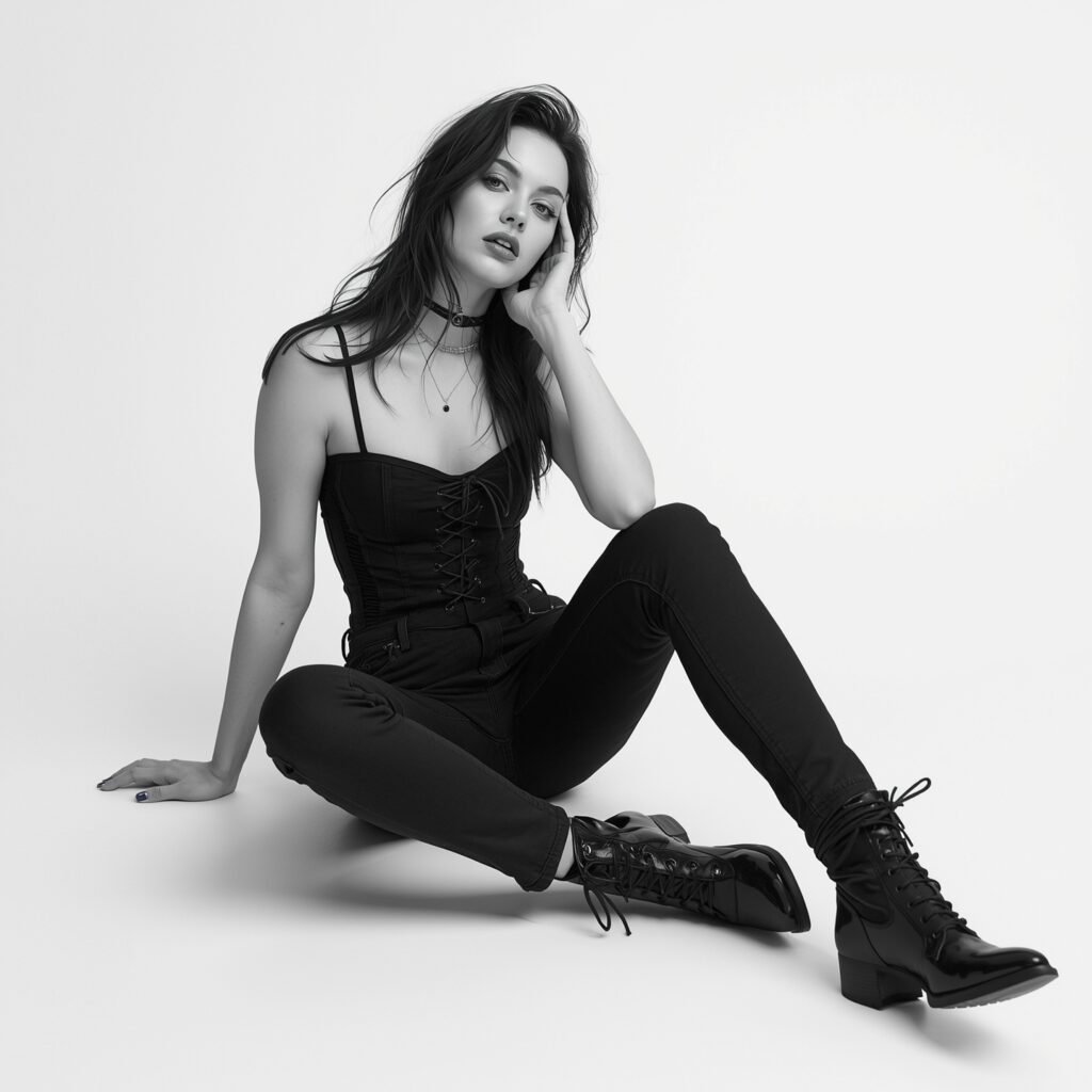 "Monochrome fashion with black skinny jeans, lace-up corset top, and pointed ankle boots for a bold, empowered aesthetic."