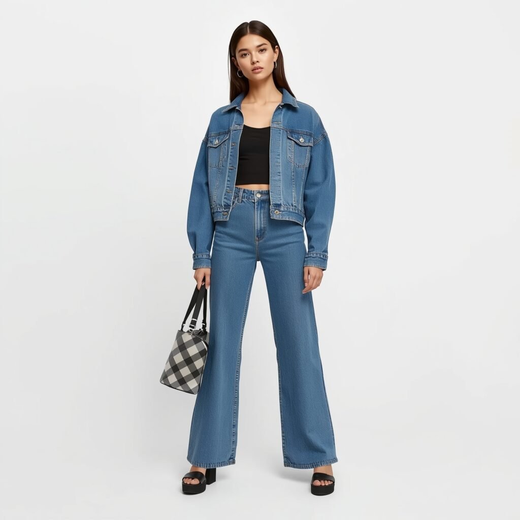 "Double denim outfit with medium-wash low-rise flare jeans, cropped oversized denim jacket, black tank top, and platform sandals – 2025 Y2K-inspired street style"