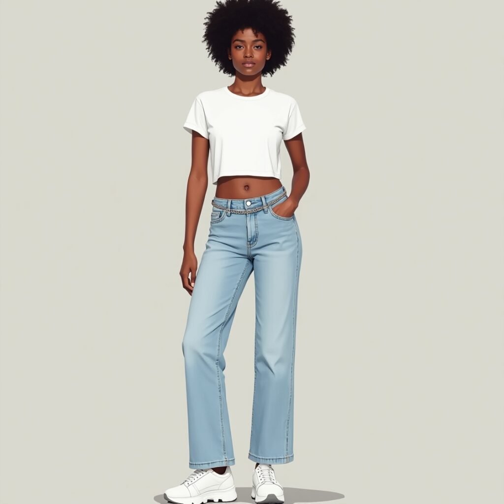 "Stylish woman wearing light wash low-rise straight-leg jeans, cropped white baby tee, chunky white sneakers, and silver chain belt for the 2025 Y2K revival"