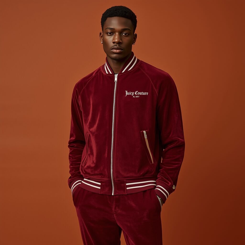 "Man in a deep red velour tracksuit with striped cuffs and minimalist branding, styled in a refined retro-inspired look"