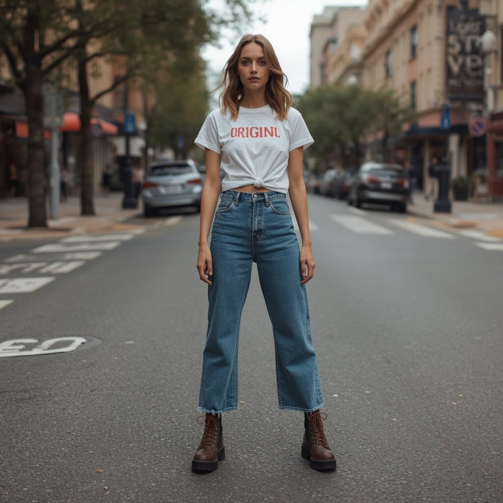 Woman standing on a city street wearing faded blue flared jeans, a knotted white graphic T-shirt, and brown lace-up platform boots.