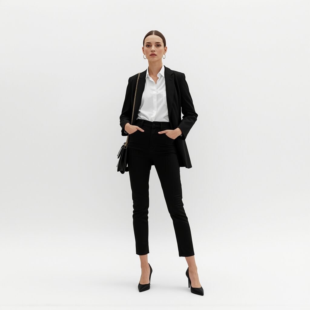 Elegant woman wearing black tailored trouser jeans with a white shirt, long blazer, and classic heels, accessorized with a chain-strap bag.