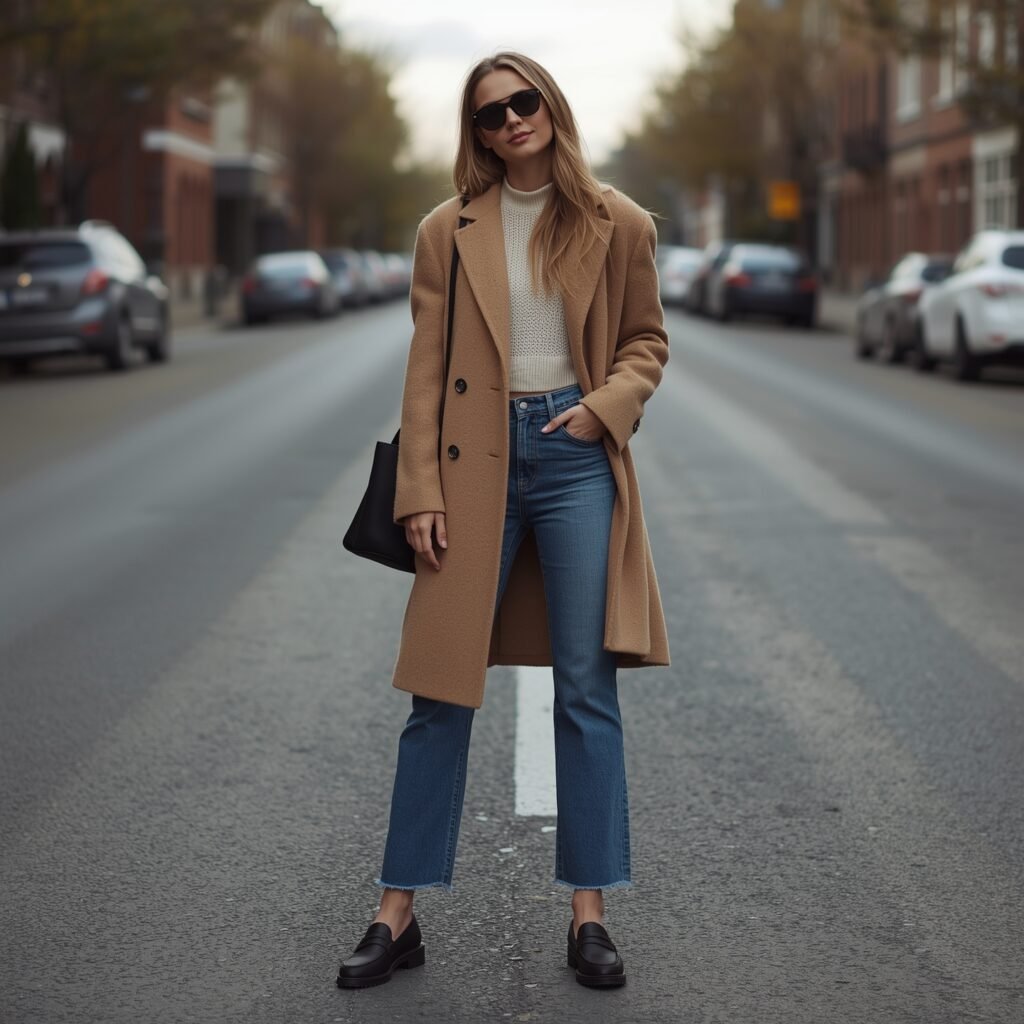 Fashionable woman in mid-wash bootcut denim, cropped knit sweater, and camel coat, styled with black loafers and a tote on a city street.