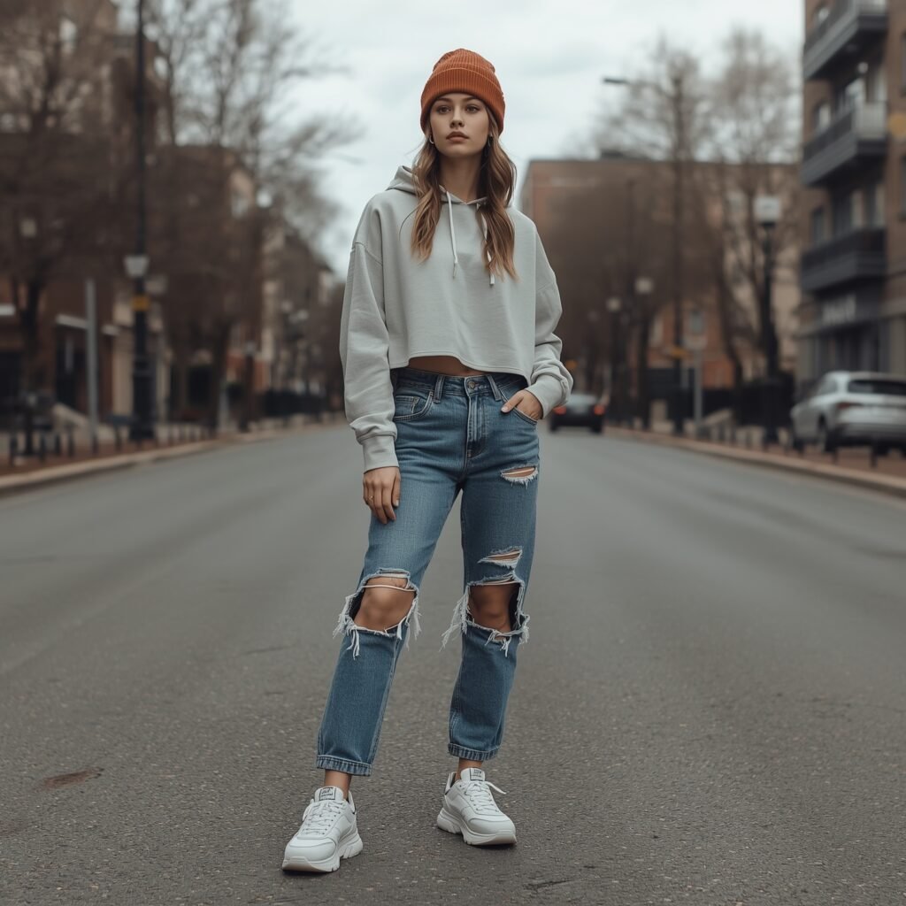 Young woman in an urban street style outfit featuring ripped mid-wash jeans, a cropped hoodie, chunky white sneakers, and an orange beanie, standing confidently on a city street.