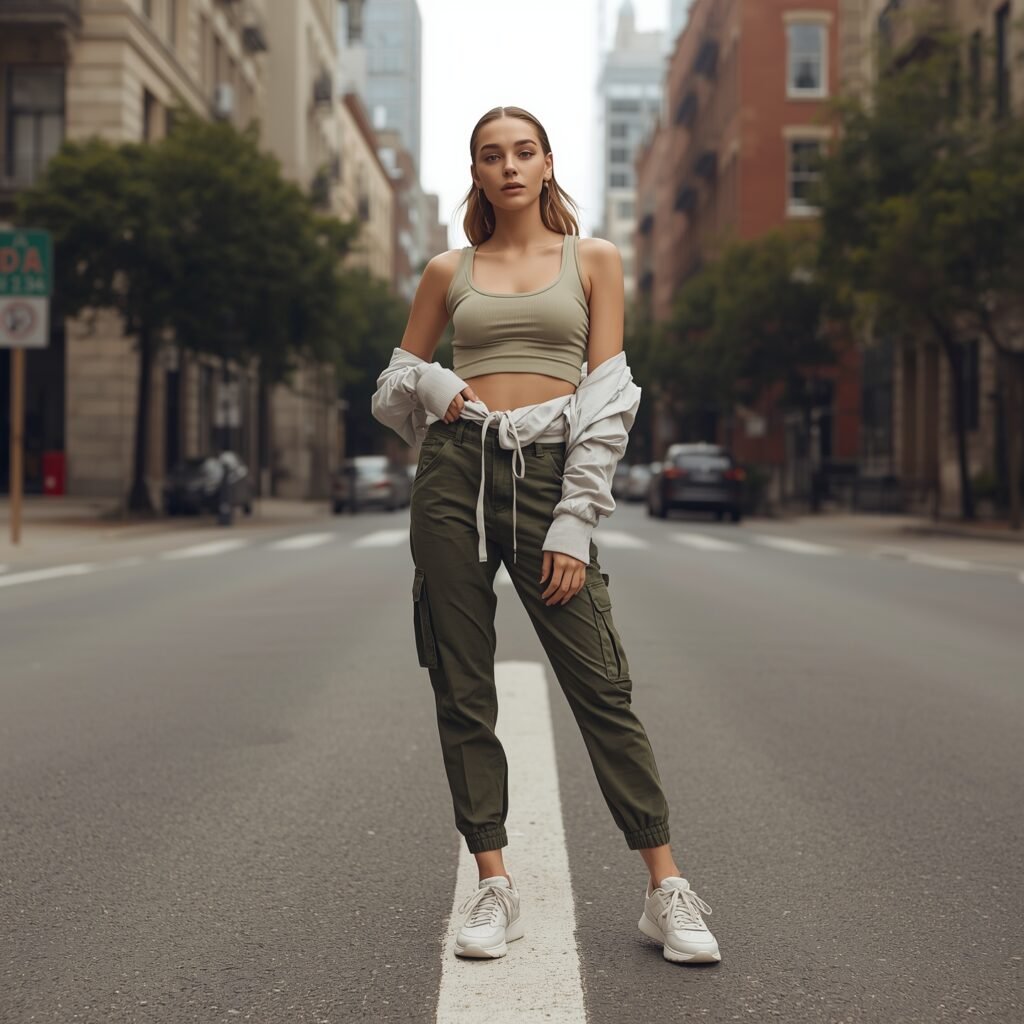 "Model wearing green cargo pants with a cropped racerback tank and light jacket in a modern streetwear look"