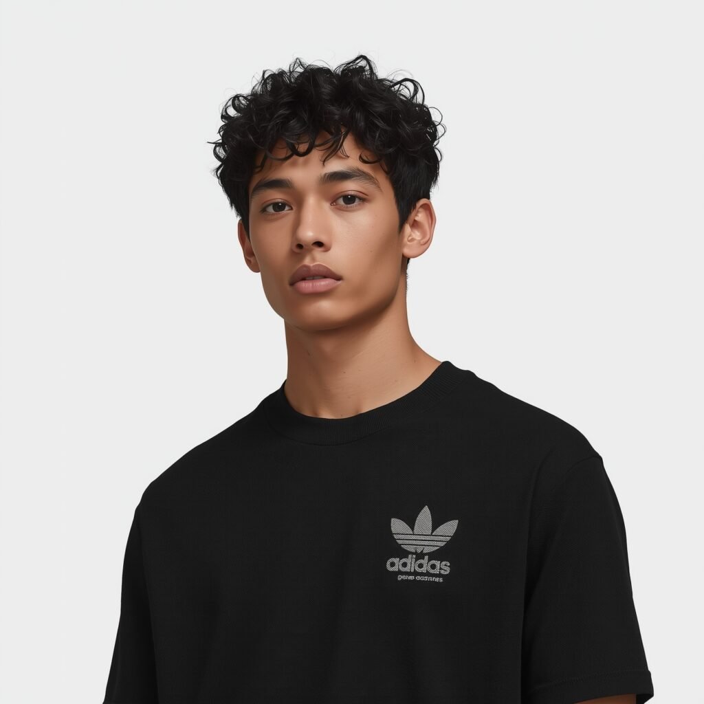 "Man wearing a black Adidas t-shirt with a vintage-inspired logo, showcasing the 2025 minimal logo trend in menswear"