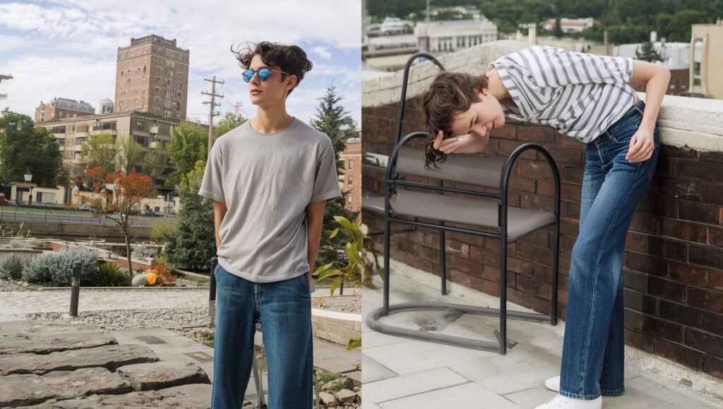 "Two men wearing modern low-rise jeans with relaxed fits, styled with casual t-shirts for 2025 streetwear"