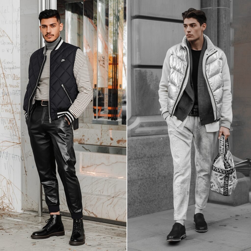 "Streetwear looks featuring metallic puffer vest, patent leather boots, and glossy trousers styled for Y2K men's fashion 2025"