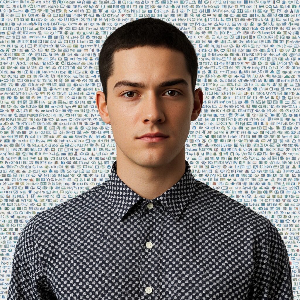 "Model in patterned shirt showcasing micro prints and novelty graphics inspired by Y2K men's fashion 2025 trends"