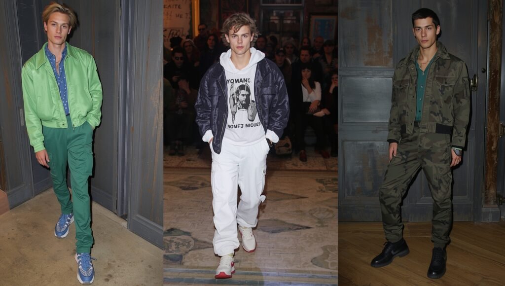 "Models showcasing 2025 reinterpretation of Y2K menswear with cargo pants, bold jackets, and modern tailoring"