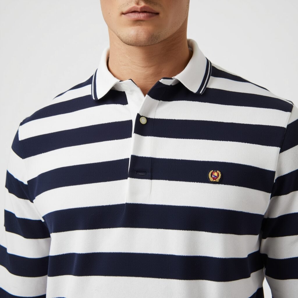 "Classic navy and white striped rugby polo shirt in cotton piqué, styled for Y2K men's fashion 2025 revival"