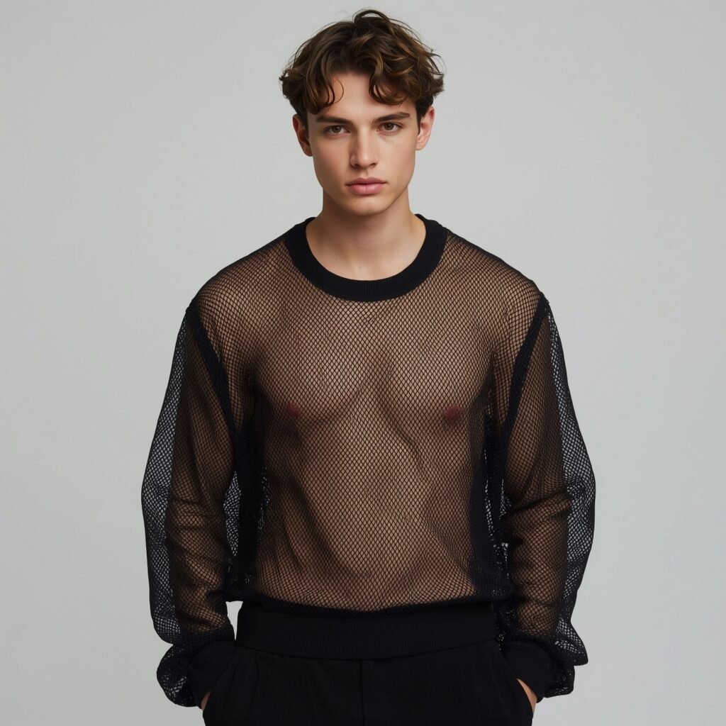 "Model wearing a black mesh long-sleeve top styled for 2025 retro-inspired men’s fashion trends"