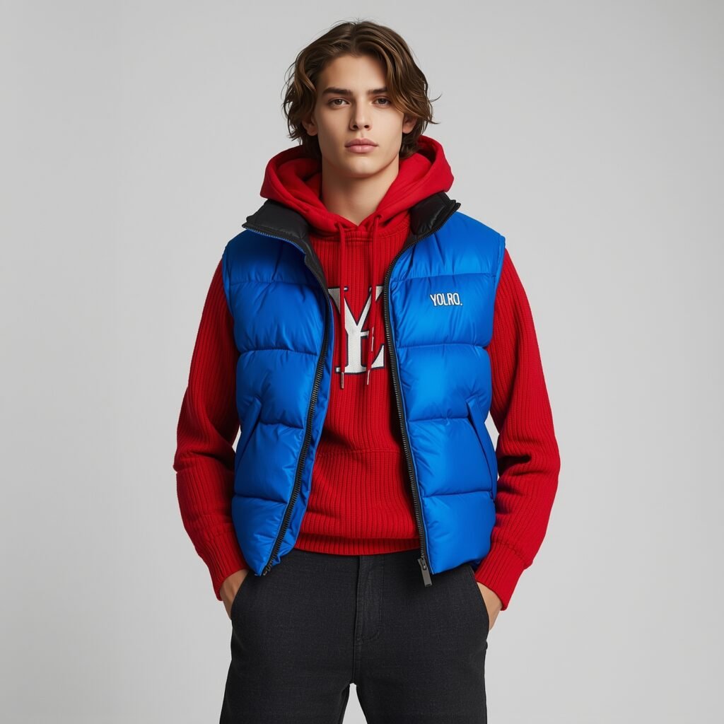 "Electric blue quilted vest layered over a bright red hoodie, reflecting the revived early-2000s menswear aesthetic for 2025"
