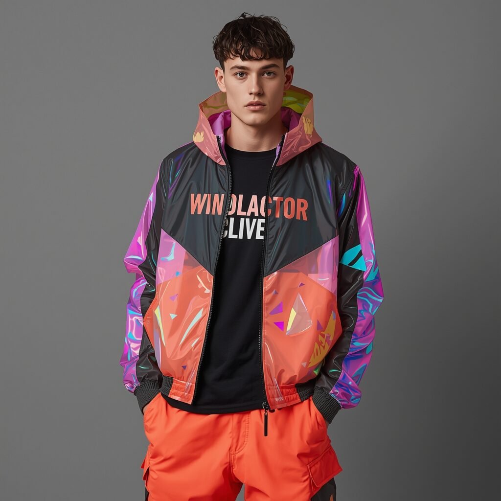 Man in a colourful windbreaker jacket, embracing a futuristic sportswear look with baggy shorts, perfect for 2025 Y2K-inspired fashion trends.