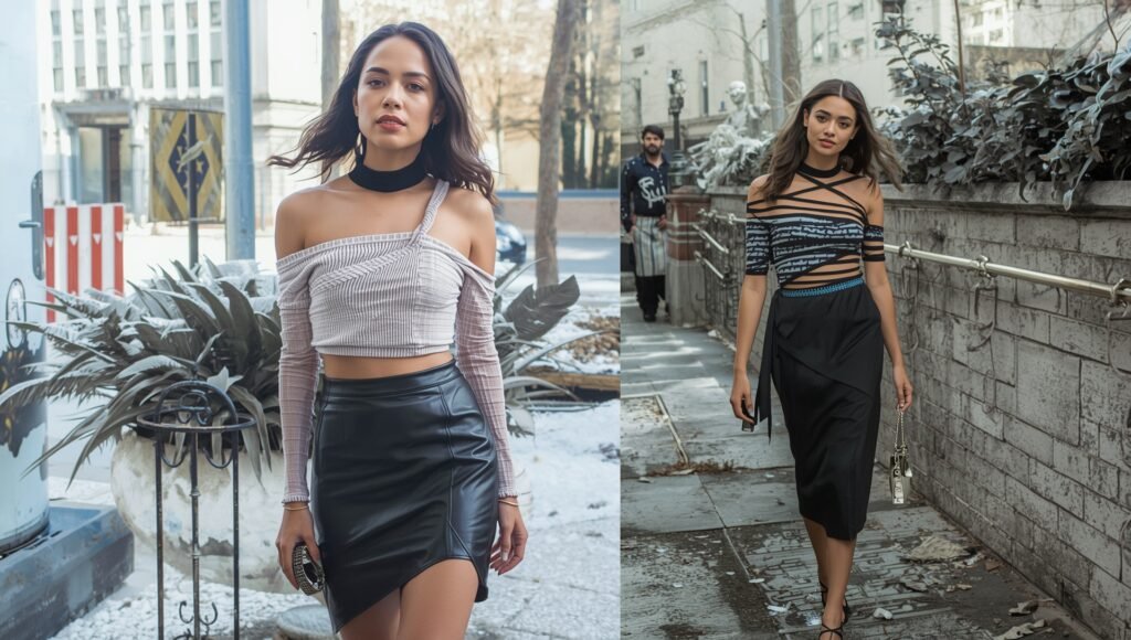 "Chic one-shoulder asymmetrical top paired with a sleek leather mini skirt, combining Y2K influences with modern style for 2025."